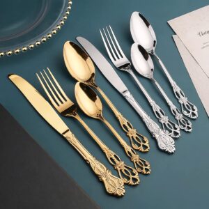 IKXO 35 Piece Silverware Set ，Stainless Steel Silverware Set, Modern Sleek Flatware Set, Include Knife Fork Spoon Long Teaspoon Salad Fork Mirror-Polished Dishwasher Safe Cutlery