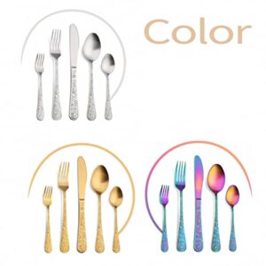 IKXO 35 Piece Silverware Set,Stainless Steel Silverware Set for 7，Modern Sleek Flatware Set, Include Knife/Fork/Spoon & Long Teaspoon/Salad Fork Mirror-Polished & Dishwasher Safe Cutlery colorful