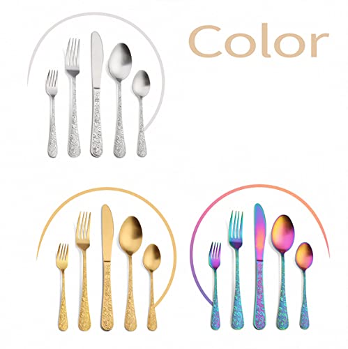 IKXO 35 Piece Silverware Set,Stainless Steel Silverware Set for 7，Modern Sleek Flatware Set, Include Knife/Fork/Spoon & Long Teaspoon/Salad Fork Mirror-Polished & Dishwasher Safe Cutlery colorful