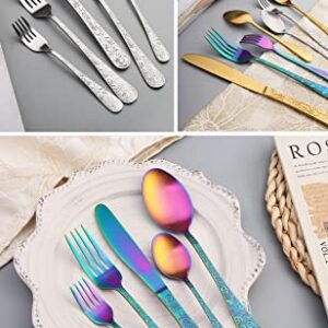 IKXO 35 Piece Silverware Set,Stainless Steel Silverware Set for 7，Modern Sleek Flatware Set, Include Knife/Fork/Spoon & Long Teaspoon/Salad Fork Mirror-Polished & Dishwasher Safe Cutlery colorful