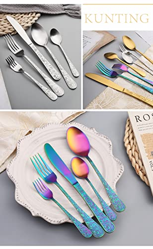 IKXO 35 Piece Silverware Set,Stainless Steel Silverware Set for 7，Modern Sleek Flatware Set, Include Knife/Fork/Spoon & Long Teaspoon/Salad Fork Mirror-Polished & Dishwasher Safe Cutlery colorful