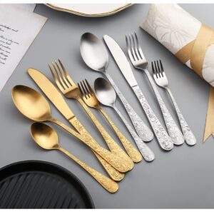 IKXO 35 pcs Stainless Steel Silverware Set Service for 7, Modern Sleek Flatware Set, Include Knife Fork Spoon Long Teaspoon Salad Fork Mirror-Polished Dishwasher Safe carved Cutlery