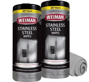 weiman stainless steel cleaner and polish wipes bundle with microfiber cloth-removes fingerprints, water marks and grease from appliances - works great on refrigerators, ovens, and grills