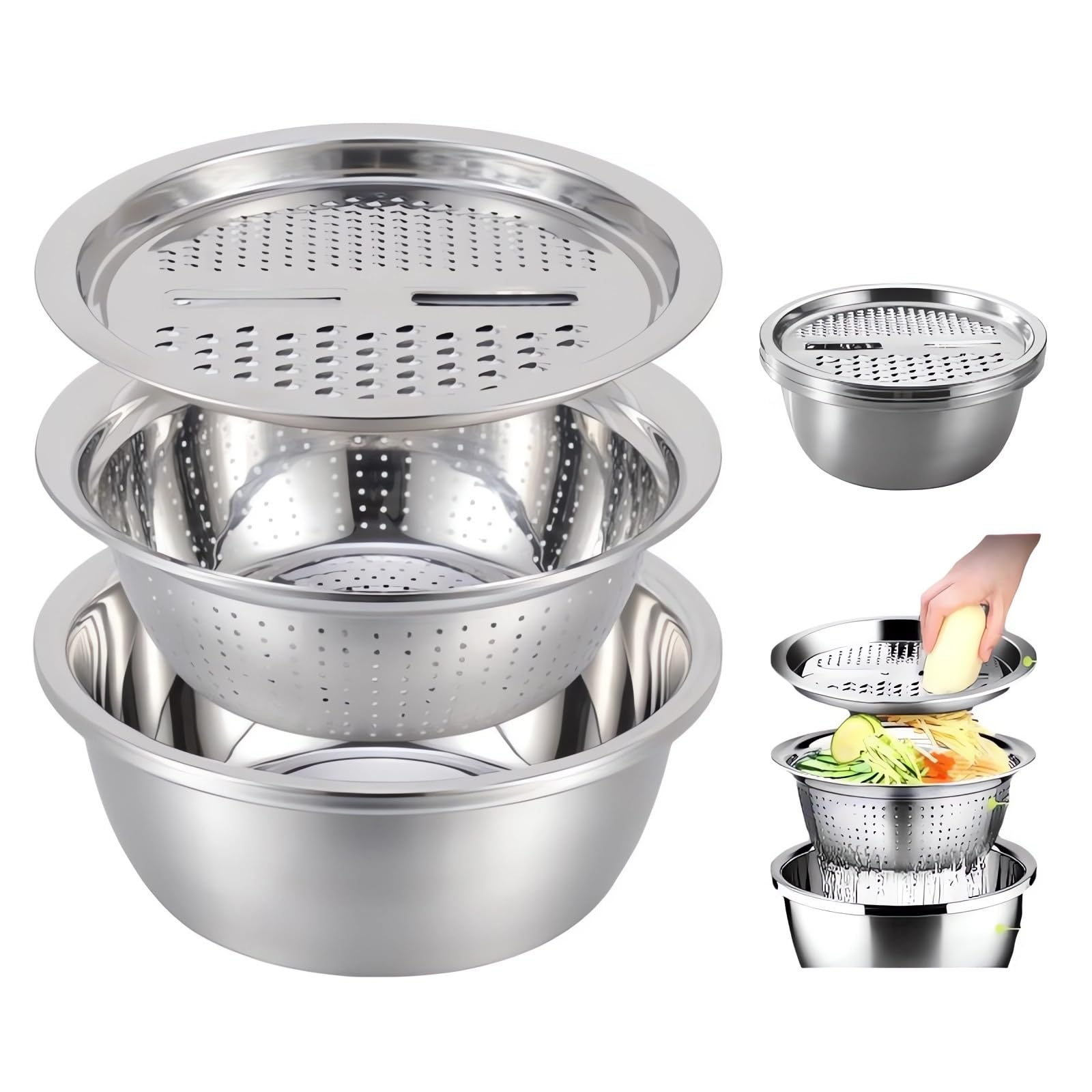 Germany Multifunctional Stainless Steel Basin - 2024 New Colander Strainer Set, Salad Spinner Fruit Vegetable Rice Washing Strainer Basket Bowl, Rice Rinser Food Graters with Container (DI-9.45in)