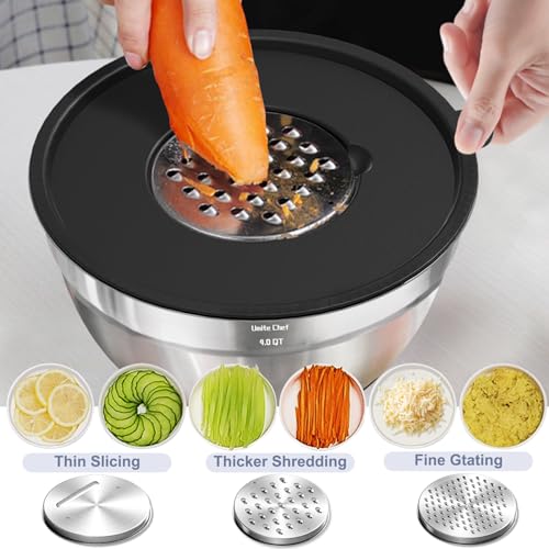 Umite Chef Mixing Bowls with Airtight Lids, 8PCS Stainless Steel Nesting Mixing Bowls Set, 3 Grater Attachments & Non-Slip Bottoms, Black Kitchen Bowls, Size 5, 4, 3.5, 2, 1.5QT for Baking & Serving