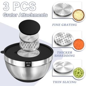 Umite Chef Mixing Bowls with Airtight Lids, 8PCS Stainless Steel Nesting Mixing Bowls Set, 3 Grater Attachments & Non-Slip Bottoms, Black Kitchen Bowls, Size 5, 4, 3.5, 2, 1.5QT for Baking & Serving