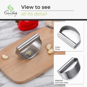 Garlic Press Stainless Steel with Garlic Peeler, Extract More Garlic Paste Per Tooth. Garlic Mincer Tool with Peeler, Equeeze, Estract, Crusher and Press the Garlic Easy and Fast. (Metal, Silver)