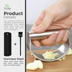 Garlic Press Stainless Steel with Garlic Peeler, Extract More Garlic Paste Per Tooth. Garlic Mincer Tool with Peeler, Equeeze, Estract, Crusher and Press the Garlic Easy and Fast. (Metal, Silver)