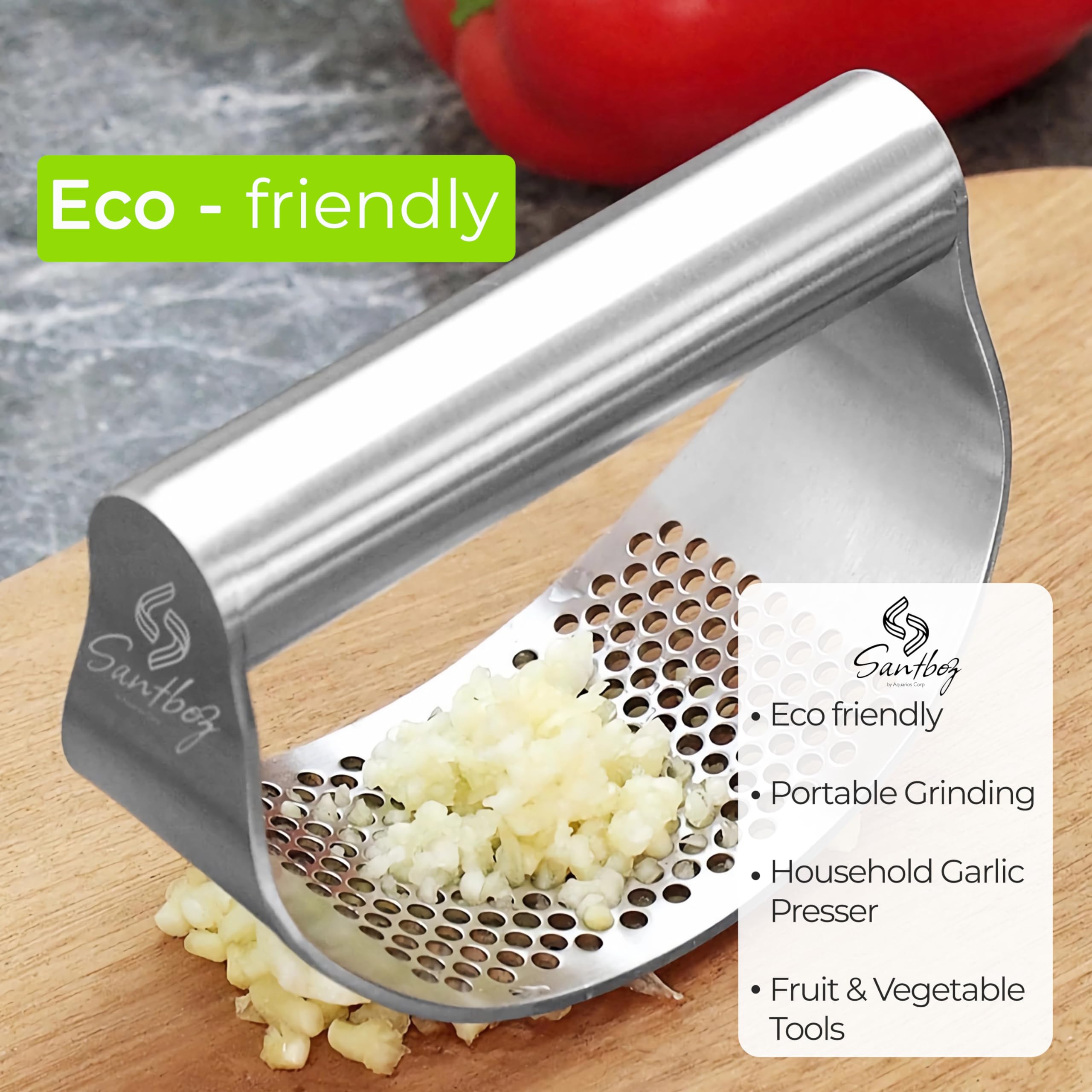 Garlic Press Stainless Steel with Garlic Peeler, Extract More Garlic Paste Per Tooth. Garlic Mincer Tool with Peeler, Equeeze, Estract, Crusher and Press the Garlic Easy and Fast. (Metal, Silver)