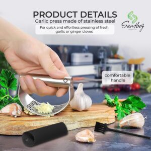 Garlic Press Stainless Steel with Garlic Peeler, Extract More Garlic Paste Per Tooth. Garlic Mincer Tool with Peeler, Equeeze, Estract, Crusher and Press the Garlic Easy and Fast. (Metal, Silver)