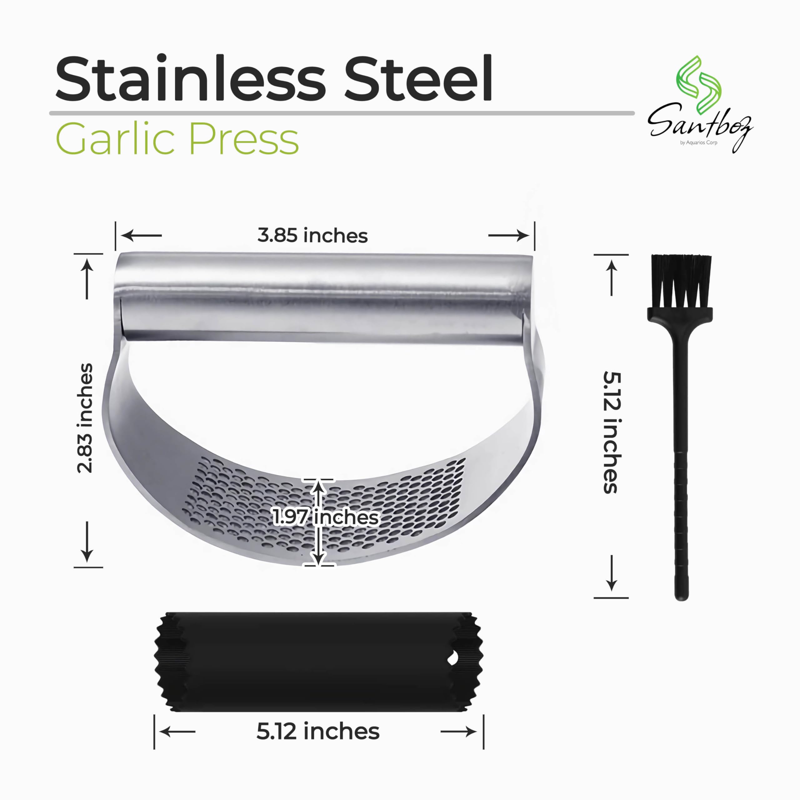 Garlic Press Stainless Steel with Garlic Peeler, Extract More Garlic Paste Per Tooth. Garlic Mincer Tool with Peeler, Equeeze, Estract, Crusher and Press the Garlic Easy and Fast. (Metal, Silver)