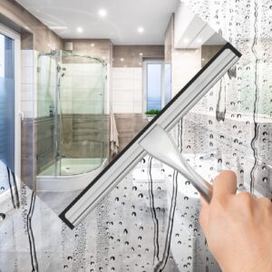 All-Purpose Stainless Steel Shower Squeegee for Shower Doors with 2 Adhesive Hooks, Bathroom Cleaner Tool Household Window Mirror Squeegee for Home Cleaning, Glass Door, Tile Wall, Car, 12 Inch Silver