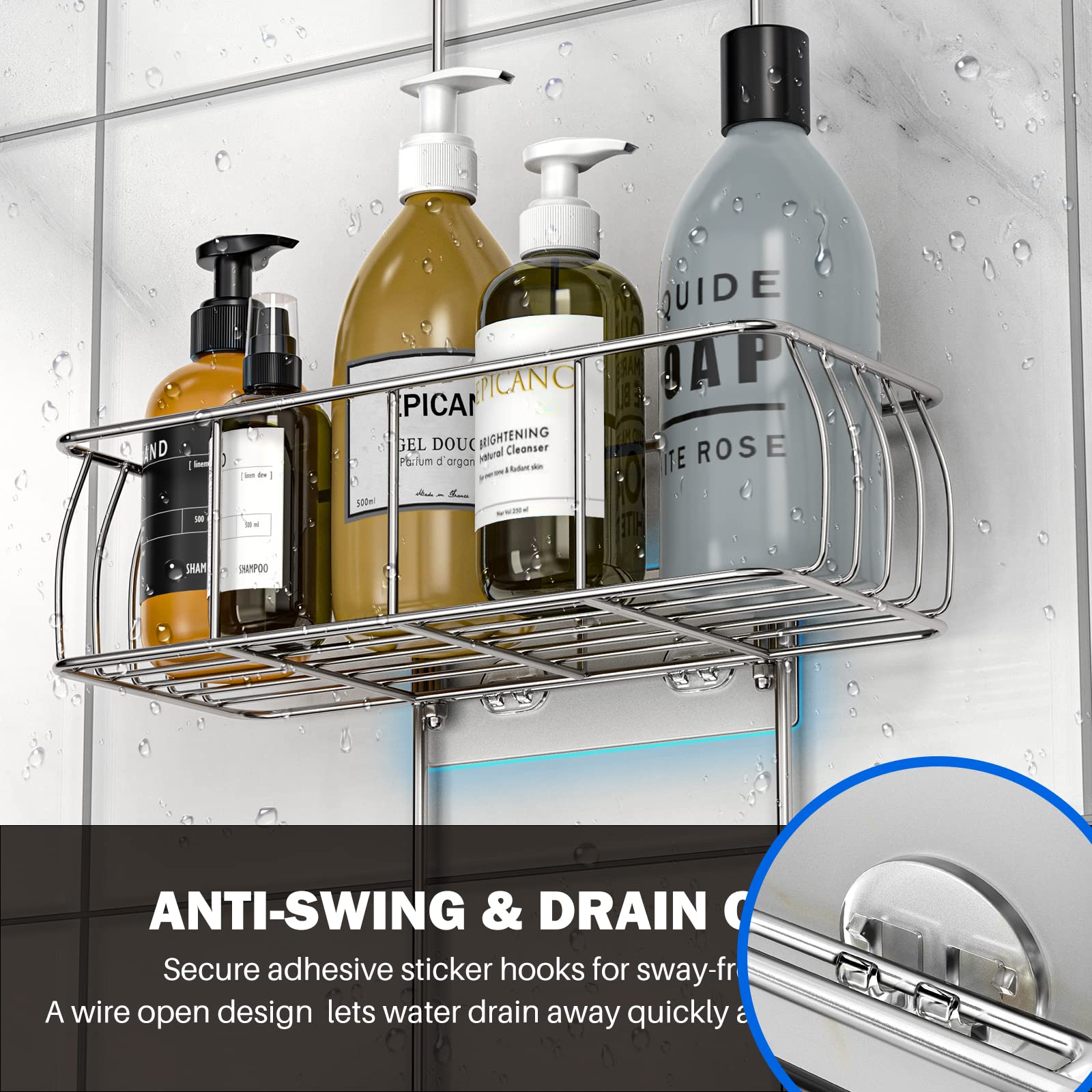 Epicano Anti-Swing Hanging Shower Caddy Stainless Steel 304, Over Head Shower Caddy Rustproof with hooks for Towels, Sponge and more, Chrome