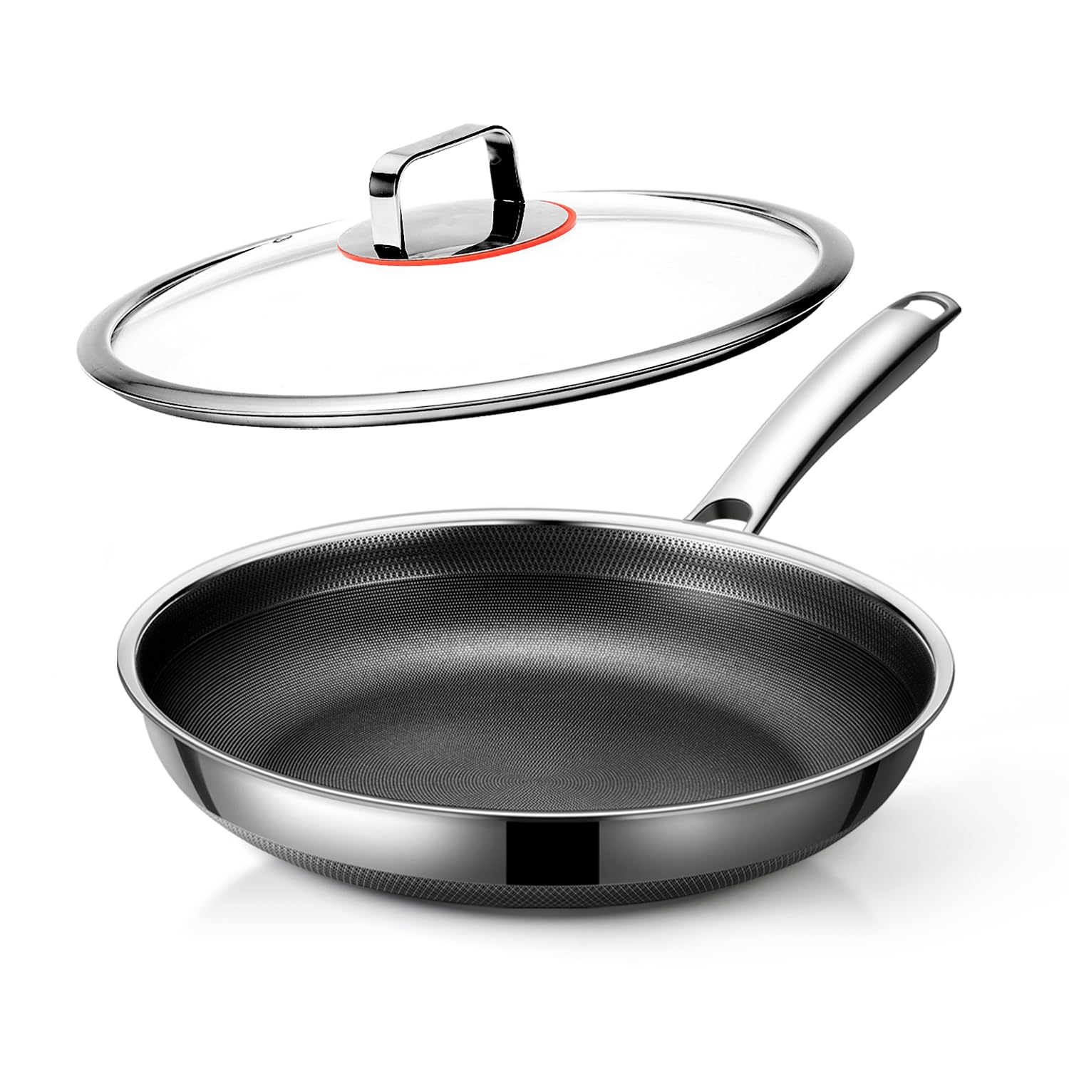 LIGTSPCE Non Stick Frying Pans,Hybrid 10 inch Frying Pans Nonstick with Lid,PFOA Free Cookware,non stick Stainless Steel Skillets,Dishwasher and Oven Safe, Works on Induction,Ceramic and Gas Cooktops