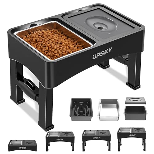 UPSKY 3-in-1 Elevated Dog Bowls Slow Feeder, 4 Height Adjustable Raised Dog Bowl Stand No Spill Dog Water Bowl Dispenser, Stainless Steel Dog Food Bowl and Water Bowl for Small Medium Dogs, Black