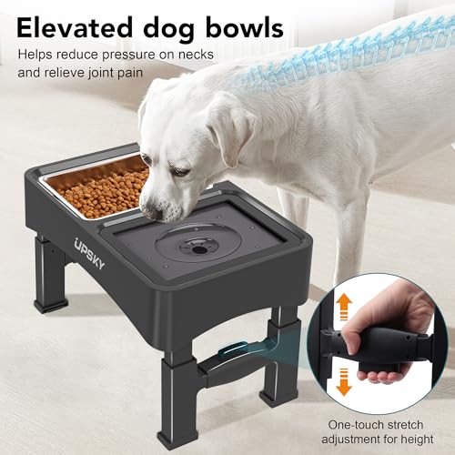 UPSKY 3-in-1 Elevated Dog Bowls Slow Feeder, 4 Height Adjustable Raised Dog Bowl Stand No Spill Dog Water Bowl Dispenser, Stainless Steel Dog Food Bowl and Water Bowl for Small Medium Dogs, Black