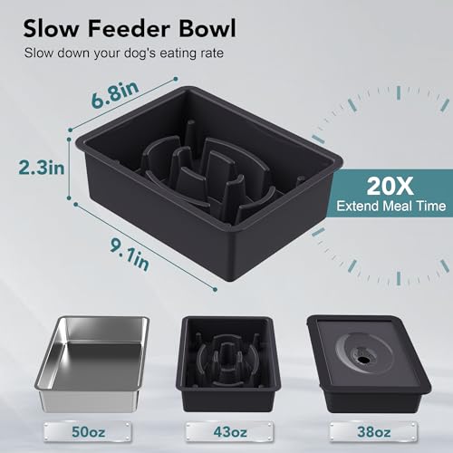 UPSKY 3-in-1 Elevated Dog Bowls Slow Feeder, 4 Height Adjustable Raised Dog Bowl Stand No Spill Dog Water Bowl Dispenser, Stainless Steel Dog Food Bowl and Water Bowl for Small Medium Dogs, Black