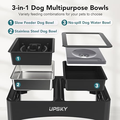 UPSKY 3-in-1 Elevated Dog Bowls Slow Feeder, 4 Height Adjustable Raised Dog Bowl Stand No Spill Dog Water Bowl Dispenser, Stainless Steel Dog Food Bowl and Water Bowl for Small Medium Dogs, Black