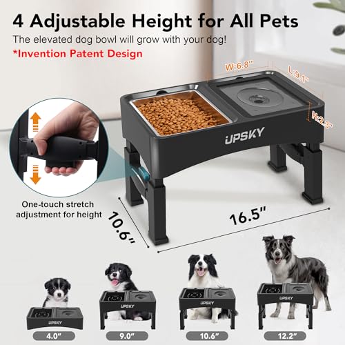 UPSKY 3-in-1 Elevated Dog Bowls Slow Feeder, 4 Height Adjustable Raised Dog Bowl Stand No Spill Dog Water Bowl Dispenser, Stainless Steel Dog Food Bowl and Water Bowl for Small Medium Dogs, Black