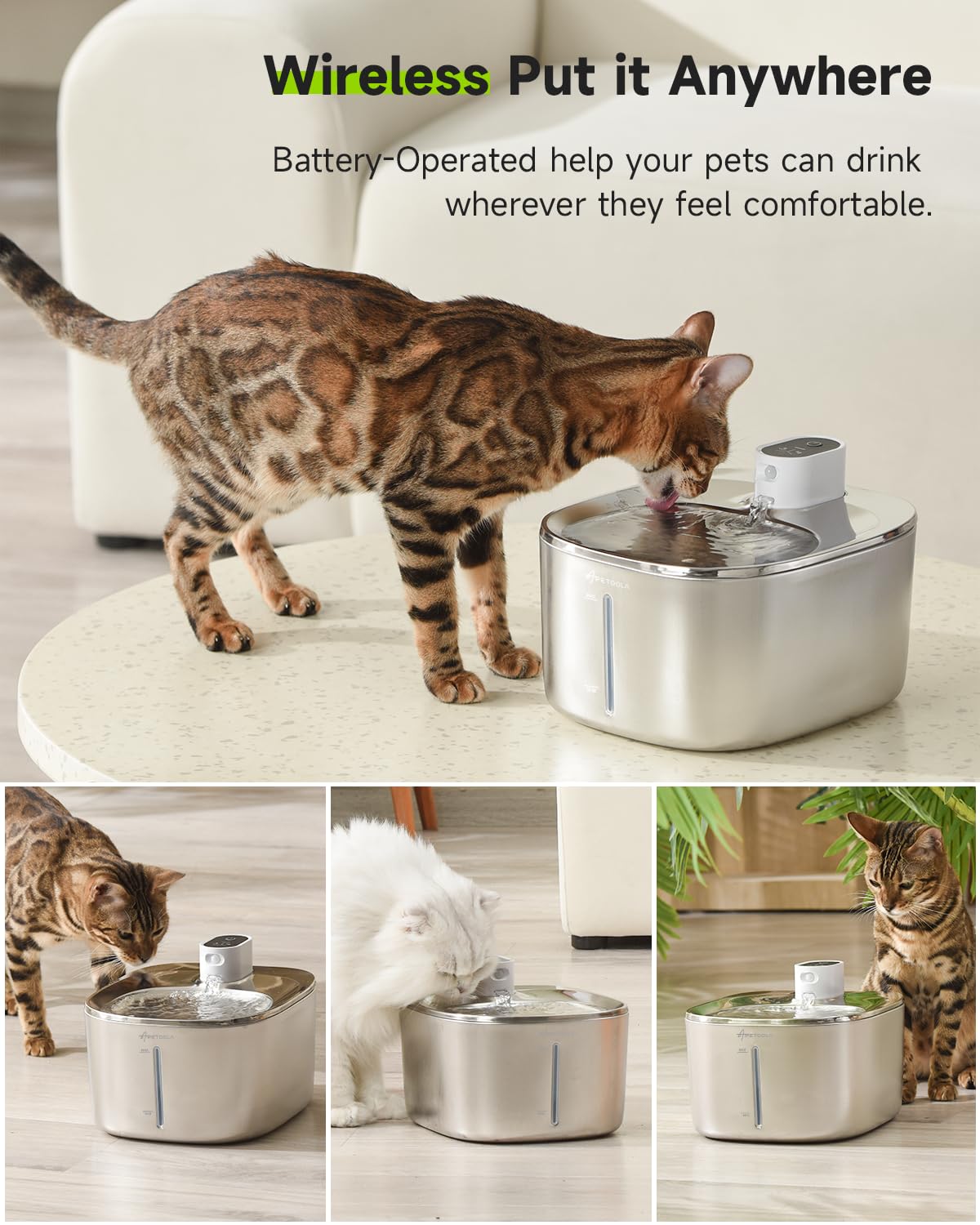 APD APETDOLA Wireless Cat Water Fountain, 135 fl oz/4L Battery Operated Cat Fountain Stainless Steel with Water Level Window, 3 Work Modes, Cordless Pet water Fountain for Cats, Dogs, Pets, Inside