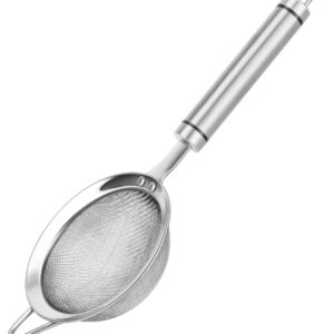 AOWOTO 3.35inch 304 Stainless Steel Fine Mesh Strainers for Kitchen, Colander-Skimmer with Handle, Metal Sieve Sifters for Food, Rice, Oil, Noodles, Fruits, Vegetable, Tea Strainer