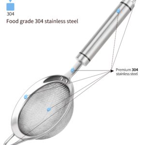 AOWOTO 3.35inch 304 Stainless Steel Fine Mesh Strainers for Kitchen, Colander-Skimmer with Handle, Metal Sieve Sifters for Food, Rice, Oil, Noodles, Fruits, Vegetable, Tea Strainer