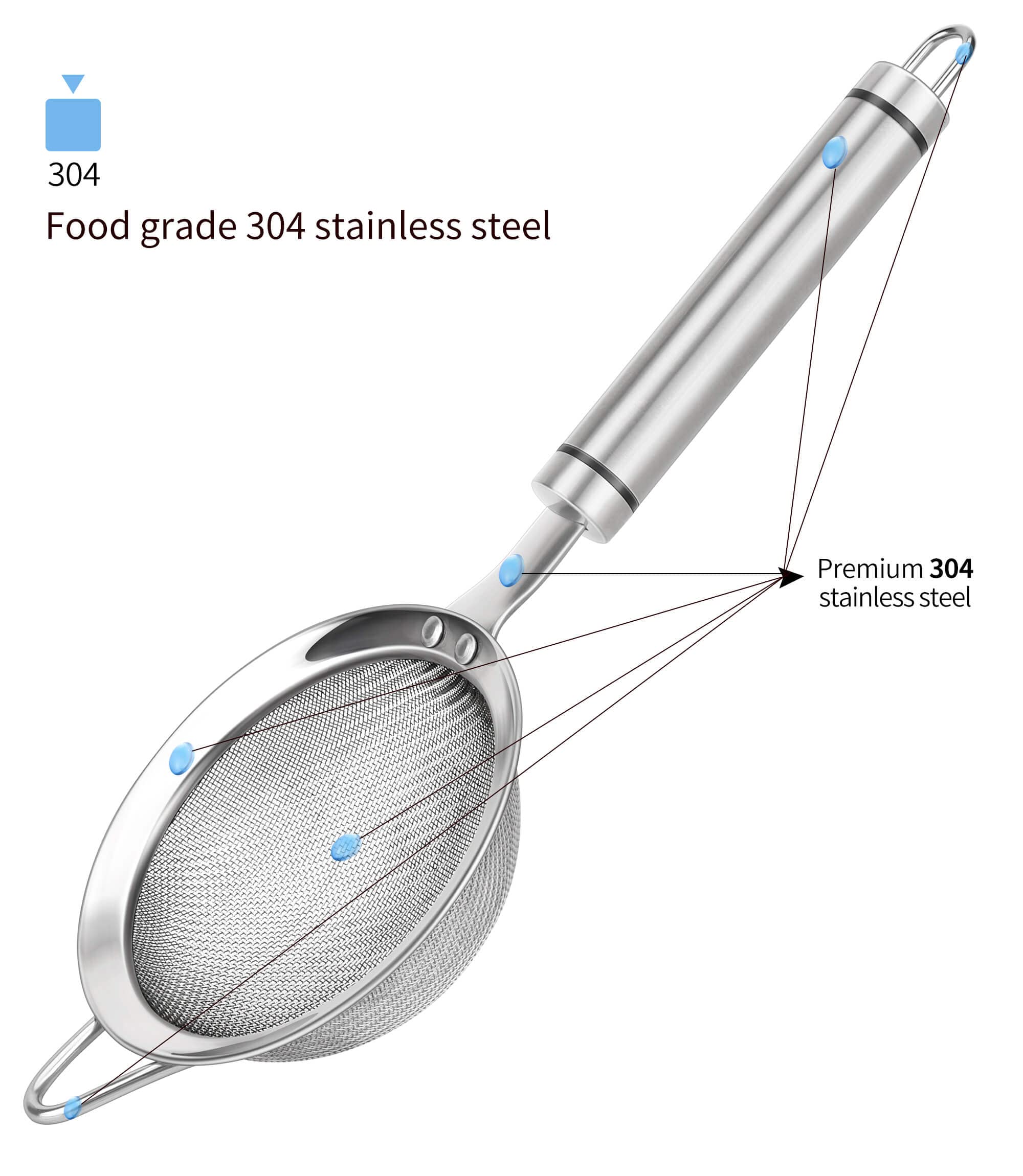 AOWOTO 3.35inch 304 Stainless Steel Fine Mesh Strainers for Kitchen, Colander-Skimmer with Handle, Metal Sieve Sifters for Food, Rice, Oil, Noodles, Fruits, Vegetable, Tea Strainer