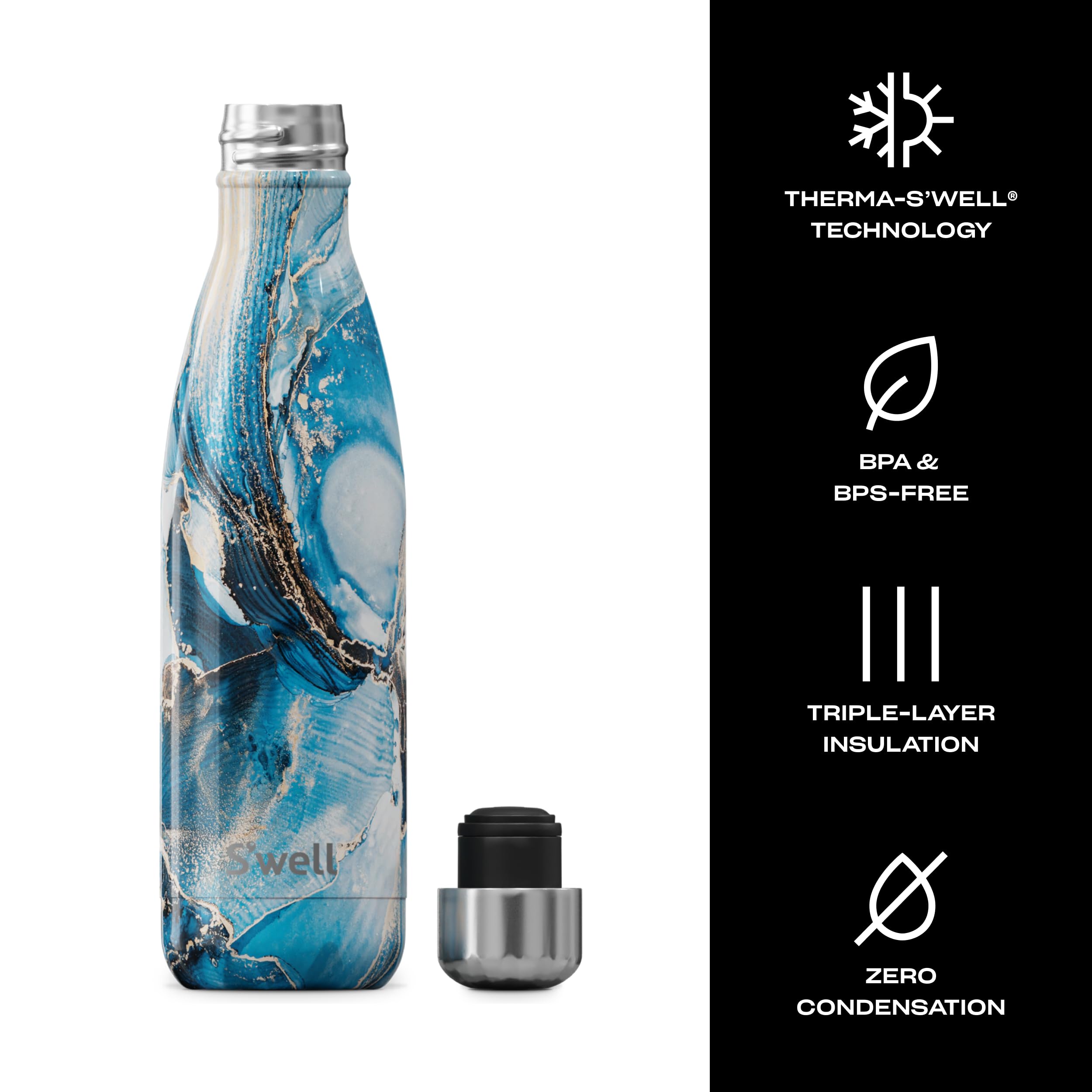 S'well Stainless Steel Water Bottle, 17oz, Ocean Marble, Triple Layered Vacuum Insulated Containers Keeps Drinks Cold for 36 Hours and Hot for 18, BPA Free, Perfect for On the Go