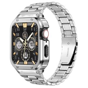 MioHHR Stainless Steel Watch Band with Case Compatible with Apple Watch Series 9/8/7(45mm),Rugged Strap with Metal Protective Bumper Cover for iWatch Band Men(Silver)