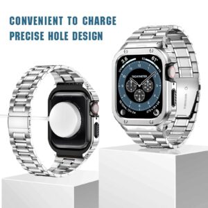 MioHHR Stainless Steel Watch Band with Case Compatible with Apple Watch Series 9/8/7(45mm),Rugged Strap with Metal Protective Bumper Cover for iWatch Band Men(Silver)