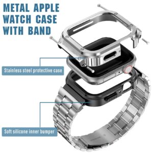 MioHHR Stainless Steel Watch Band with Case Compatible with Apple Watch Series 9/8/7(45mm),Rugged Strap with Metal Protective Bumper Cover for iWatch Band Men(Silver)