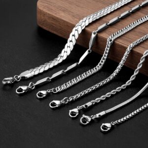 stino 8PCs Stainless Steel Chain Necklace Set for Men Women, Silver Tone Necklace Chains Bulk, Figaro Chain, Snake Chain, Cuban Link Chain, Rope Chain. (8PCs Mixed Style)