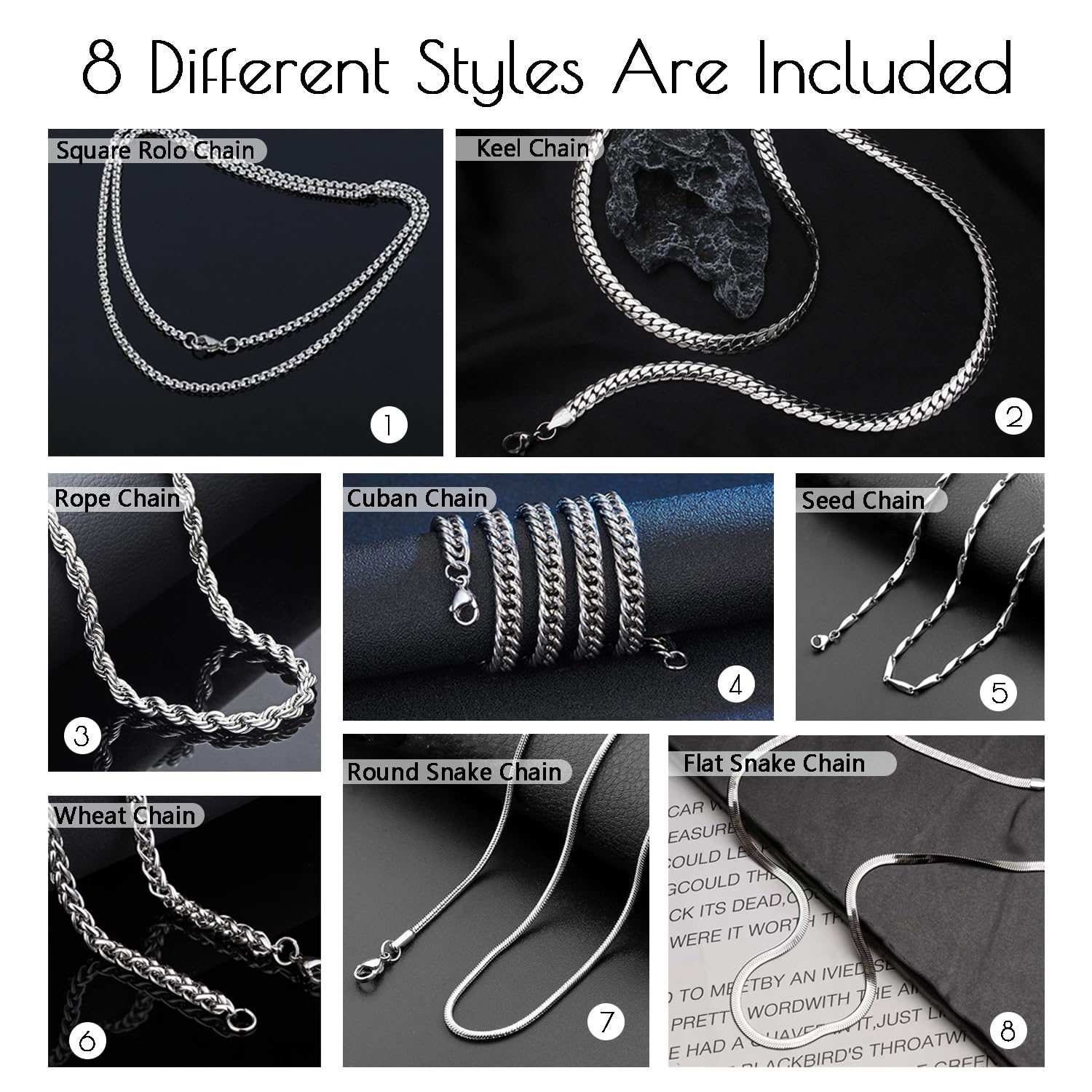 stino 8PCs Stainless Steel Chain Necklace Set for Men Women, Silver Tone Necklace Chains Bulk, Figaro Chain, Snake Chain, Cuban Link Chain, Rope Chain. (8PCs Mixed Style)