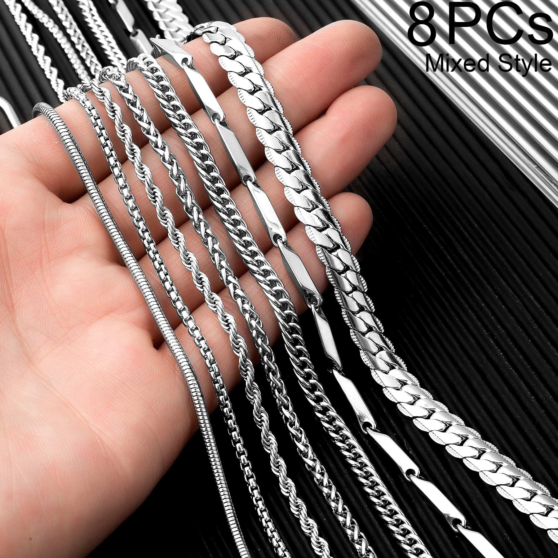 stino 8PCs Stainless Steel Chain Necklace Set for Men Women, Silver Tone Necklace Chains Bulk, Figaro Chain, Snake Chain, Cuban Link Chain, Rope Chain. (8PCs Mixed Style)