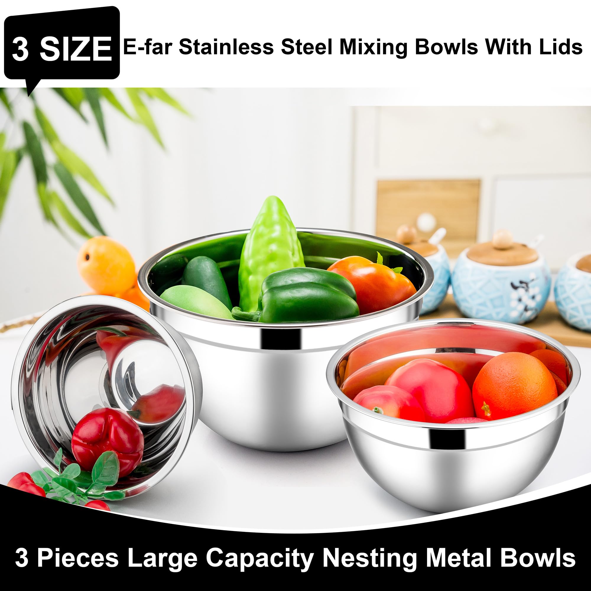 E-far Mixing Bowls with Lids, 6-Piece Stainless Steel Salad Bowls Metal Nesting Bowls for Baking Cooking and Prepping, Airtight Lids & Stackable Design, Size 4.5, 3, 1.5 QT (Black)