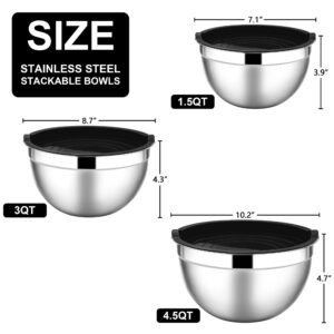 E-far Mixing Bowls with Lids, 6-Piece Stainless Steel Salad Bowls Metal Nesting Bowls for Baking Cooking and Prepping, Airtight Lids & Stackable Design, Size 4.5, 3, 1.5 QT (Black)