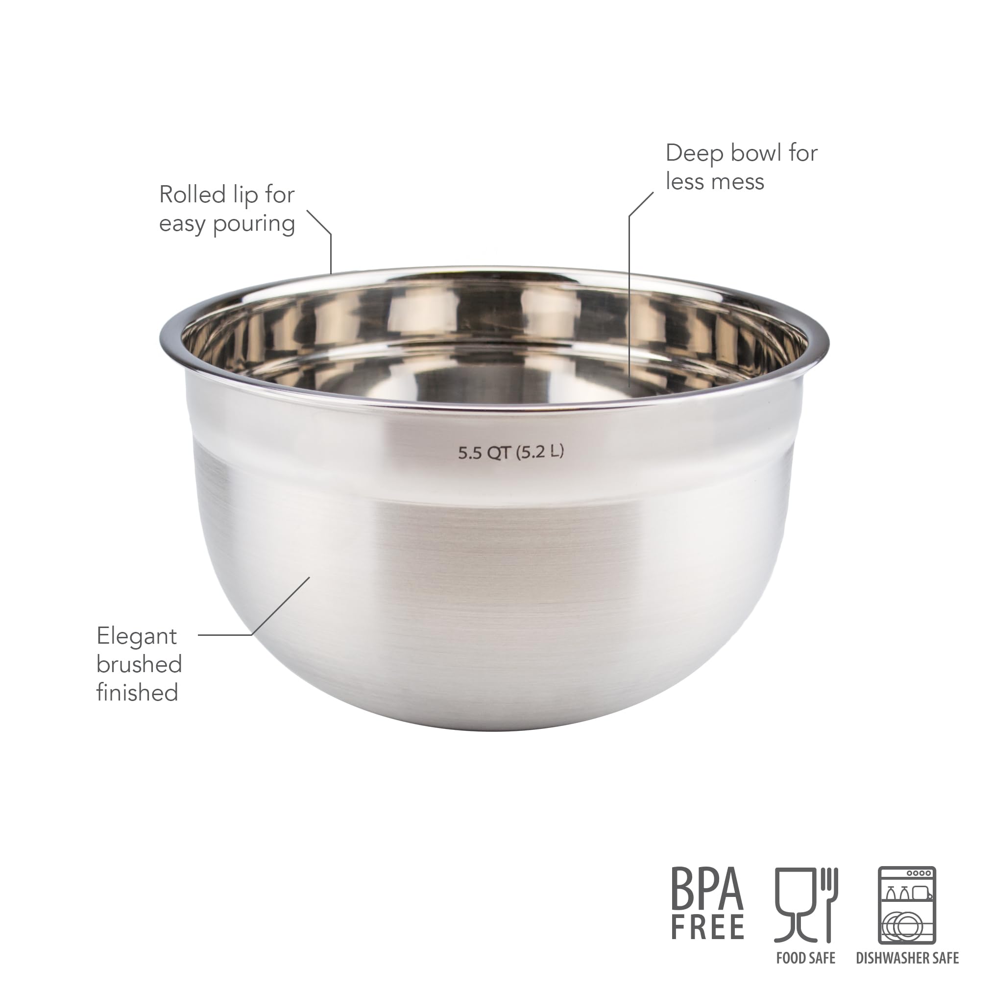 Tovolo Stainless Steel Mixing Bowl (5.5 Quart) - Kitchen & Home Essential for Food Storage, Serving, Salad, Food Prep, Baking, & Cooking / Dishwasher Safe