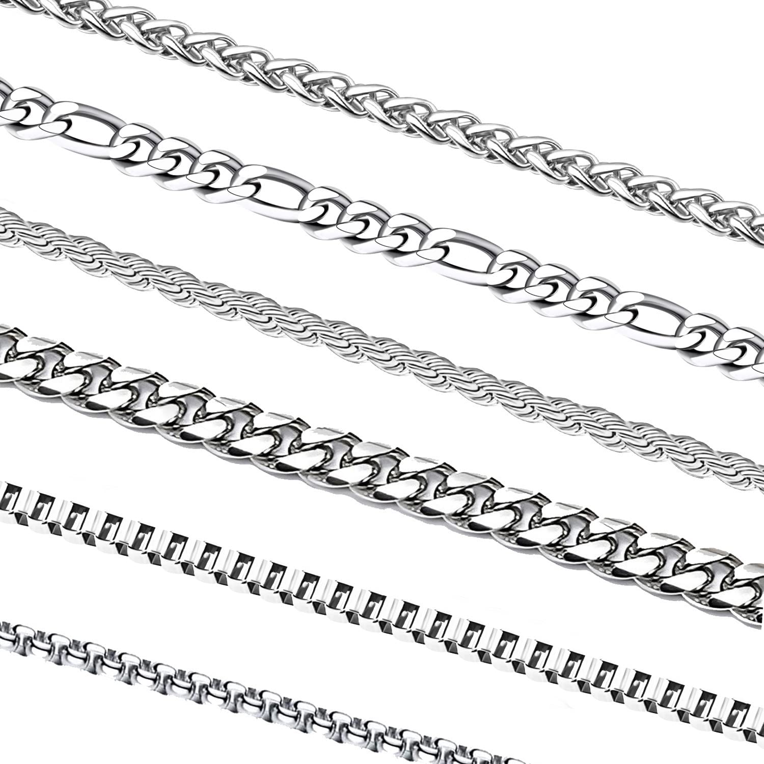 OLARCU 6 Pcs Silver Chains, Stainless Steel Cuban Link/Rope/Box/Figaro/Square Rolo/Wheat Chain Necklace Jewelry Set for Women Men, 20 inches