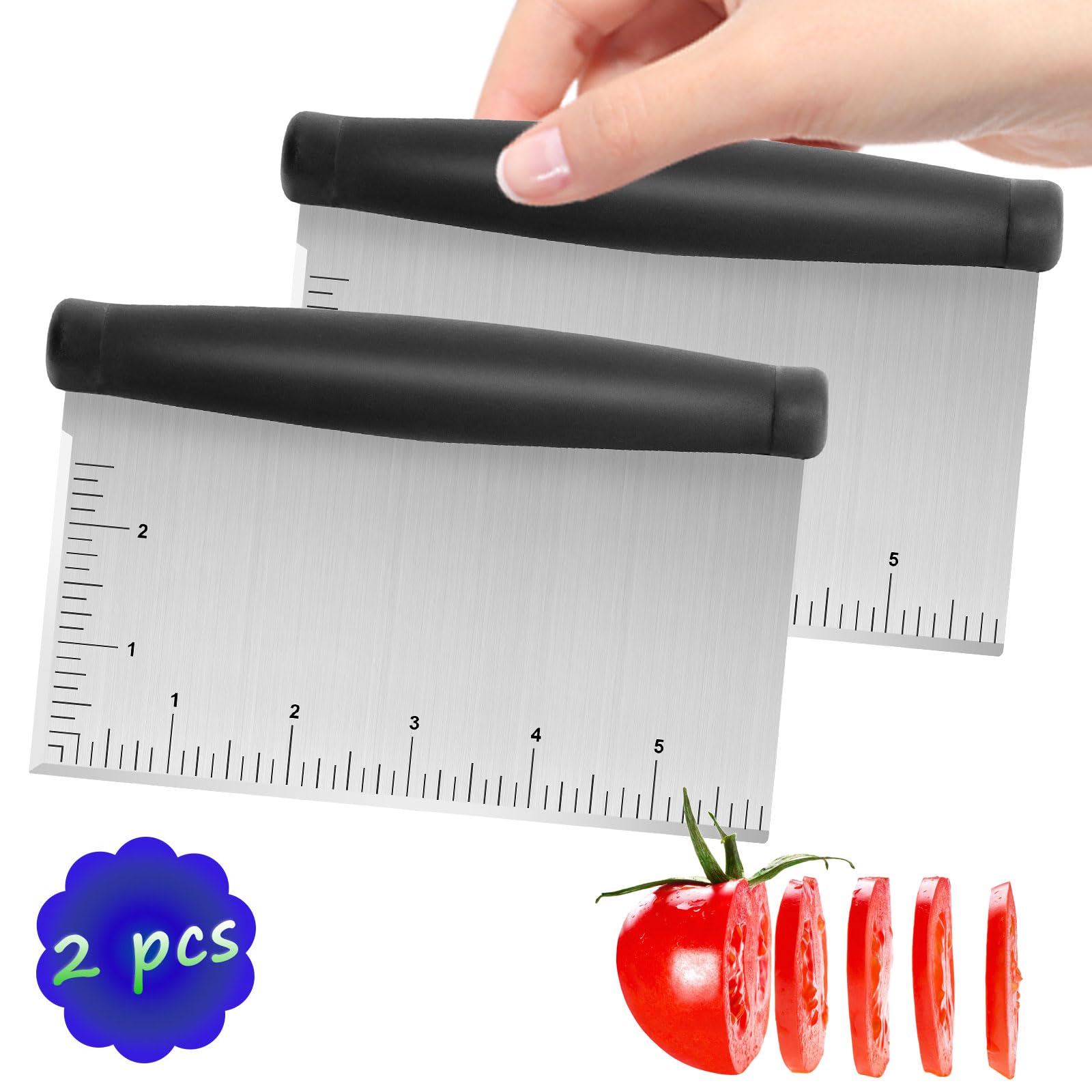 2pcs Stainless Steel Dough Scraper & Chopper - 6 Inch Multi-Purpose Kitchen Tools with Measuring Markings, Cutter for Dough, Pizza, Cake,Griddle Scraper,Bench Scraper