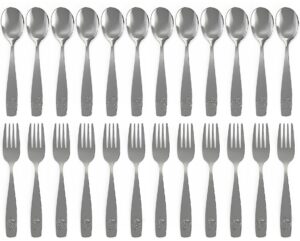 stainless steel kids silverware set (24pc- 2 pack of 12) - child and toddler safe flatware - kids utensil set - metal kids cutlery set (includes 12 small kids spoons & kids 12 forks)