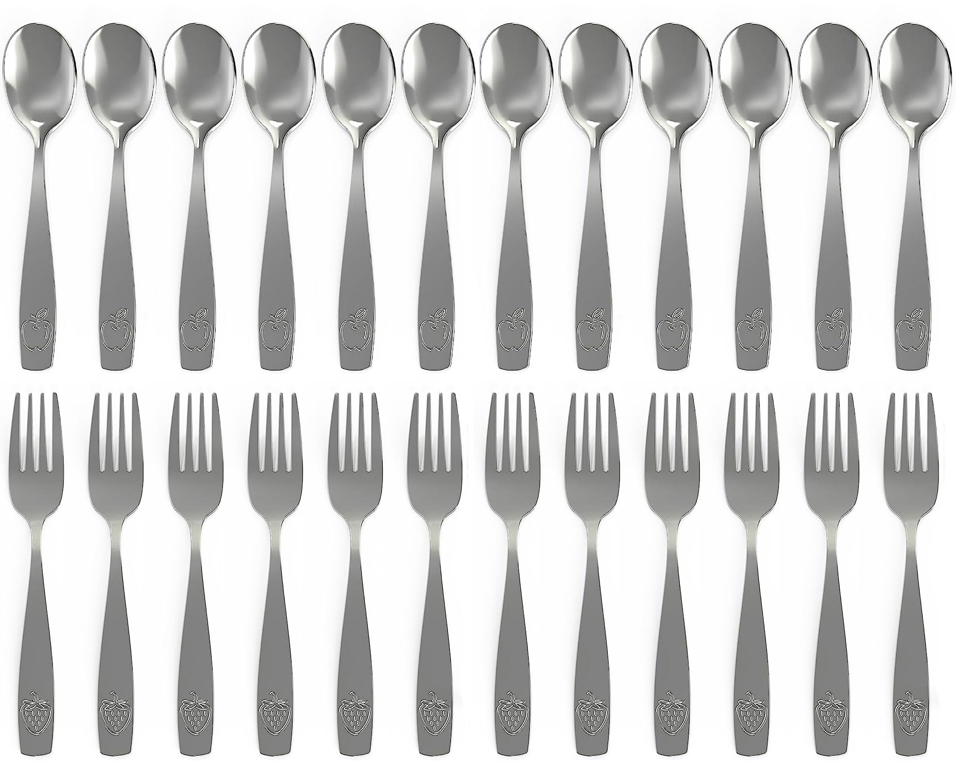 Stainless Steel Kids Silverware Set (24pc- 2 Pack of 12) - Child and Toddler Safe Flatware - Kids Utensil Set - Metal Kids Cutlery Set (Includes 12 Small Kids Spoons & Kids 12 Forks)