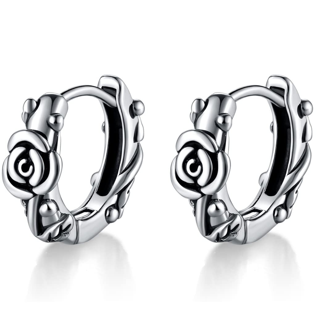 Retro Vintage Stainless Steel Rose Flower Style Wedding Statement Party Holiday Hoop Earrings