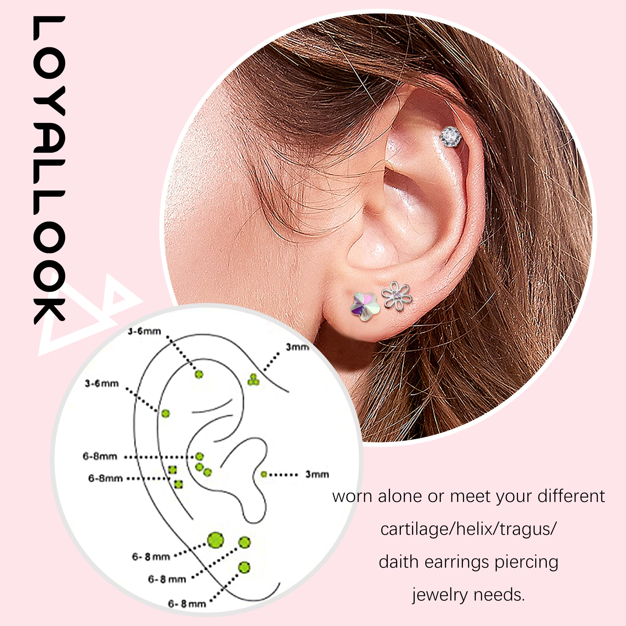 LOYALLOOK 16Pairs Screwback Earrings for Women Pearl CZ Ball Heart Tiny Small Studs Earring Cute Butterfly Flower Stainless Steel Multicolor Screw Back Stud Earrings