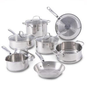 t-fal stainless steel cookware set 11 piece, induction, oven broiler safe 500f, kitchen cooking set w/ fry pans, saucepans, saute pan, dutch oven, steamer, pots and pans, dishwasher safe, silver