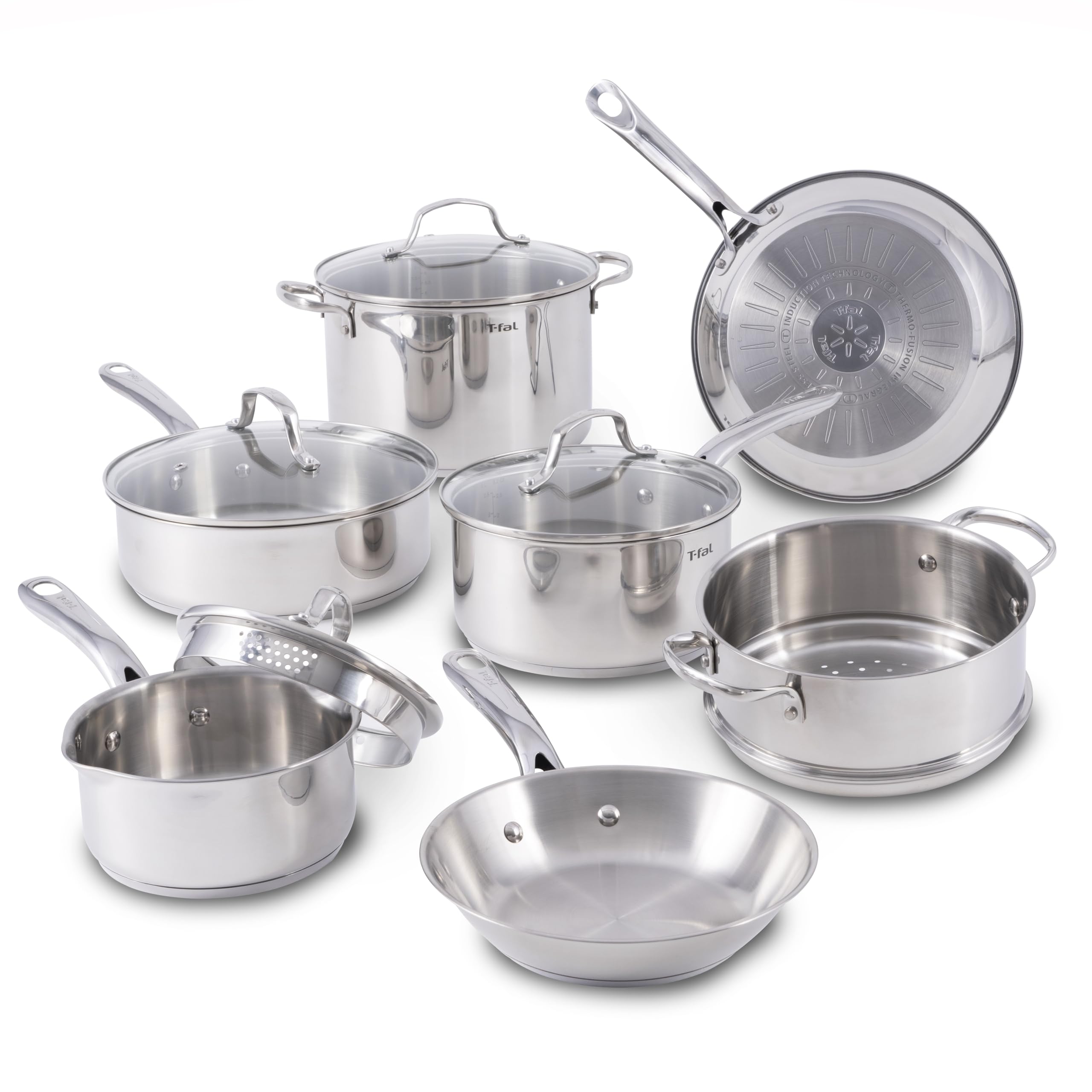 T-fal Stainless Steel Cookware Set 11 Piece, Induction, Oven Broiler Safe 500F, Kitchen Cooking Set w/ Fry Pans, Saucepans, Saute Pan, Dutch Oven, Steamer, Pots and Pans, Dishwasher Safe, Silver