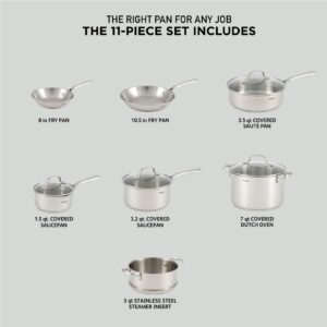 T-fal Stainless Steel Cookware Set 11 Piece, Induction, Oven Broiler Safe 500F, Kitchen Cooking Set w/ Fry Pans, Saucepans, Saute Pan, Dutch Oven, Steamer, Pots and Pans, Dishwasher Safe, Silver