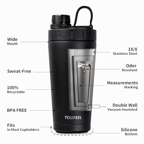 TOOFEEL Shaker Bottle Stainless Steel - 20 oz Double Walled Insulated Shaker Cups for Protein Shakes, Keeps Cold/Hot, Shaker Bottle for Protein Mixes, Gym Workout Protein Shaker Bottle