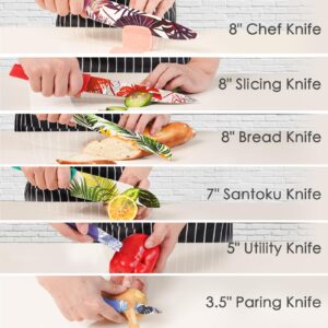 Astercook Knife Set, 12Pcs Colorful Tropical Designs Kitchen Knife Set, Palm Leaf Color-Coded Coated Stainless Steel Kitchen Knives with 6 Blade Guards, Dishwasher Safe