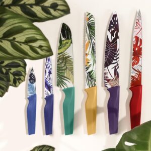 Astercook Knife Set, 12Pcs Colorful Tropical Designs Kitchen Knife Set, Palm Leaf Color-Coded Coated Stainless Steel Kitchen Knives with 6 Blade Guards, Dishwasher Safe