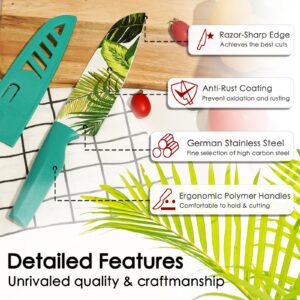 Astercook Knife Set, 12Pcs Colorful Tropical Designs Kitchen Knife Set, Palm Leaf Color-Coded Coated Stainless Steel Kitchen Knives with 6 Blade Guards, Dishwasher Safe